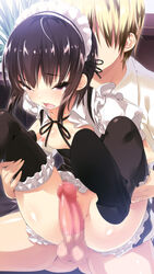 black_legwear blush boku_wa_tomodachi_ga_sukunai breasts brown_eyes censored condom maid maid_headdress mikazuki_yozora nipples open_mouth penis short_hair show_(rinnetenshow) skirt spread_legs tear thighhighs