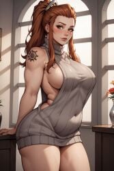 ai_generated belly big_ass big_breasts big_thighs blush brigitte brigitte_lindholm ginger ginger_hair overwatch overwatch_2 pyke_is_op sideboob standing tattoo thick thick_ass thick_thighs virgin_killer_sweater