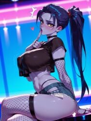1girls ai_generated arzagod big_breasts blue_hair blue_skin dark_hair female long_hair overwatch overwatch_2 perfect_body solo stockings tagme thick_thighs widowmaker yellow_eyes