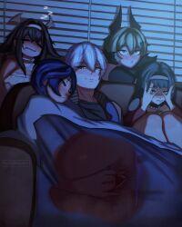 1boy 4girls astra_yao belle_(zenless_zone_zero) blue_hair blush brother_and_sister caesar_king character_request female fingering fingering_partner hidden_sex highres hoyoverse incest male mihoyo onlyillastrator sleeping stealth_sex under_the_covers watching_tv wise_(zenless_zone_zero) ye_shunguang zenless_zone_zero