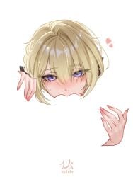 2girls blonde_hair blush commentary cunnilingus evelyn_chevalier female_pov hand_on_another's_thigh heart highres hotokeshiz looking_at_viewer meme multiple_girls negative_space_cunnilingus_(meme) oral pov purple_eyes simple_background sweat white_background yuri zenless_zone_zero