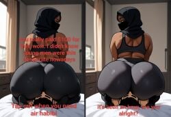 age_difference ai_generated arabian arabian_female ass ass_bigger_than_head ass_focus ass_huffing ass_worship big_ass big_butt bubble_butt chubby_female civitai comic dark-skinned_female dark_skin dialogue eating_ass face_in_ass farah_(daballsman) fat_ass female hijab huffing huge_ass mature_female milf muslim muslim_female older_female rimming teasing wide_hips younger_male