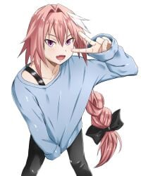 1boy 1femboy astolfo_(fate) astolfo_(fate/apocrypha) astolfo_(saber)_(fate) astolfo_(sailor_paladin)_(fate) cute_expression cute_eyes cute_face cute_male fanart fate/apocrypha fate/grand_order fate_(series) femboy light-skinned_male male male_only open_mouth oversized_clothes pink_eyes pink_hair smile solo sweater