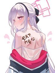1girls black_hairband blue_archive blush female hair_between_eyes hairband halo jacket kei_(new_body)_(blue_archive) long_hair long_hair_between_eyes looking_at_viewer pink_halo rectangular_halo red_eyes simple_background solo very_long_hair white_hair white_shirt