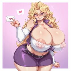 1girls ahoge ai_assisted ai_generated areola_peek areola_slip areolae areolae_visible_through_clothing belt big_areola big_breasts big_nipples blonde_hair breasts breasts_bigger_than_head bursting_breasts card cleavage corset detached_sleeves earrings erect_nipples female gigantic_breasts heart heart_symbol huge_areolae huge_breasts huge_nipples jacket kordyx large_breasts long_hair mai_valentine massive_breasts navel nipples_visible_through_clothing perky_breasts perky_nipples purple_eyes skirt smiling solo top_heavy valentine's_day voluptuous voluptuous_female wide_hips yu-gi-oh! yu-gi-oh!_duel_monsters