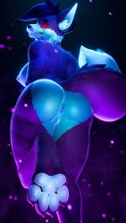 3d_(artwork) absurd_res anthro anus areola ass big_breasts black_background blue_anus blue_areola blue_body blue_fur blue_nipples blue_pawpads blue_vulva breasts canid canine claws digital_media_(artwork) digitigrade female fox fur genitals glistening glistening_body hair hi_res inner_ear_fluff jizzy_fox_(jizzyfox) jizzyfox looking_back_at_self mammal nipples on_one_leg particles pawpads puffy_anus purple_body purple_fur purple_hair rear_view red_eyes red_sclera sharp_teeth short_hair simple_background solo standing striped_arms striped_body striped_fur striped_legs stripes surprised tail teeth thick_tail tuft vulva watermark wide_hips