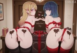 1girls 2girls ai_generated ass ass_focus blowing_kiss blush cameltoe chocolate chocolate_heart chocolate_on_ass chocolate_on_body english_text gift gift_box gift_wrapped hi_res hoshino_ruby kurokawa_akane medium_breasts ntrkage nude oshi_no_ko ribbon ribbon_bondage sexy_pose slim_waist small_breasts thighhighs valentine's_day wrapped