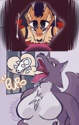4_eyes absurd_res anthro bone burp_cloud burping canid canine canis comic fangs fatal_vore fisheye_lens fox gd_(globaldonut34) globaldonut34 gynomorph hi_res intersex male mammal multi_eye open_mouth oral_vore sharp_teeth skull teeth vore willing_prey wolf