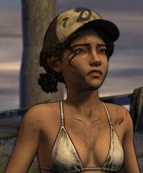 1girls ai_assisted ai_generated baseball_cap bikini_top breasts brown_eyes brown_hair cleavage clementine_(the_walking_dead) dark-skinned_female dark_skin edit edited_screencap female female_focus female_only hat headwear medium_hair scantily_clad screencap small_breasts teenager the_walking_dead:_a_new_frontier the_walking_dead_game