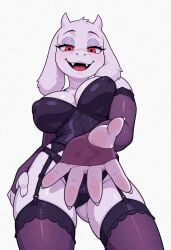 2026 ai_generated anthro armwear big_breasts boss_monster_(undertale) bovid breasts caprine clothing corset female fur furry garter_straps goat hand_on_leg hand_on_thigh hi_res legwear lingerie looking_at_viewer mammal narrowed_eyes noverthink_(director) open_mouth panties purple_armwear purple_clothing purple_legwear purple_lingerie purple_panties purple_underwear red_eyes seductive simple_background toriel undertale_(series) underwear white_background white_body white_fur