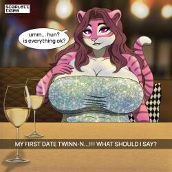 1:1 1female 1girls 2d 2d_(artwork) 2d_artwork adorable anthro anthro_female anthro_only bubble_text caption clothed clothed_female clothing dating dialogue dialogue_bubble dress female female_anthro female_focus female_only fur furry furry_female furry_only furry_tiger glass_cup glitter_dress hand_on_breast looking_at_viewer meme mommy pink_fur restaurant scarlett_tigra scarletttigra sfw sitting tiger tiger_girl tight_clothes tight_clothing tight_dress valentine's_day vine