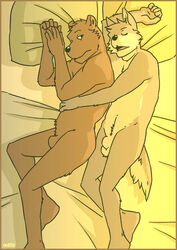 annoyed anthro artdecade bear bed canine fur furry furry_only gay male male/male male_only only_if_i_love_you only_if_you_kiss sleeping tail wolf yaoi