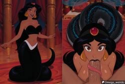 1girl1boy ai_generated aladdin bed bedroom big_breasts black_hair black_lips black_lipstick blowjob_face brown_eyes cleavage corrupted corruption dark-skinned_female dark_skin earrings evil_grin evil_smile faceless_male female hairband indoors lamia licking_penis lipstick long_hair long_tongue looking_at_viewer midriff monster_girl monster_transformation motion_lines multiple_views nail_polish omega_weirdo palace patreon pov pov_blowjob princess_jasmine royalty servitude slave_girl smile smiling smiling_at_viewer snake_girl snake_humanoid snake_tail snake_tongue tongue_around_penis transformation