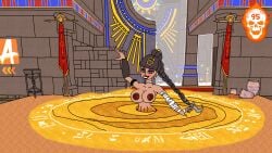 1girls artist_logo bandages belly_dancing big_breasts blush blushing braided_ponytail breasts dancing dark-skinned_female dark_skin digital_drawing_(artwork) egyptian fragpunk large_breasts magic more_at_source nipples partially_submerged purple_eyes quicksand radicalone95 self_upload serket_(fragpunk) sinking smiling solo_female susan_ramsey tagme