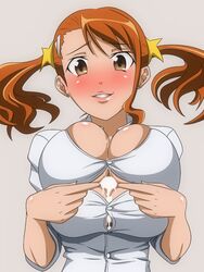 1girls after_paizuri anohana:_the_flower_we_saw_that_day blush breasts brown_eyes busty cleavage cum cum_in_cleavage cum_on_body cum_on_breasts cum_on_upper_body earrings ejaculation_between_breasts female female_only hair_ornament human igatto jewelry large_breasts looking_at_viewer naruko_anjou orange_hair parted_lips simple_background smile solo tied_hair twintails voluptuous