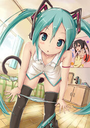 1girls aqua_eyes aqua_hair azusa_nakano_(k-on!) bedroom blush bottomless cat_tail face female hatsune_miku high_resolution human human_only indoors k-on! long_hair miu_(angelo_whitechoc) panties panty_pull poster poster_(object) pussy solo striped striped_panties tail thighhighs tied_hair tissue_box twintails uncensored underwear undressing vocaloid