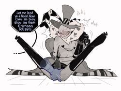 2boys 4_arms bald big_penis biting_lip blush blushing craxkers english english_text fingering fingering_ass gay hat hazbin_hotel heart-shaped_eyewear heart-shaped_nipples legs nipple_piercing nipples one_eye_closed penis precum sharp_teeth simple_background speech_bubble tentacle tentacle_penis tied_up valentino_(hazbin_hotel) vox_(hazbin_hotel) white_background yaoi