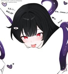 2girls alessia_(vtuber) alessiaara black_hair blush commentary cunnilingus english_commentary english_text female_pov heart heart-shaped_pupils highres indie_virtual_youtuber long_hair looking_at_viewer meme multiple_girls negative_space_cunnilingus_(meme) oral pov pussy_juice red_eyes symbol-shaped_pupils tentacle tongue tongue_out translation_request twitter_username yuri