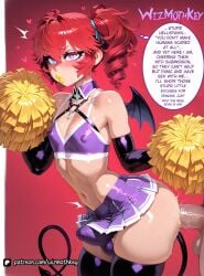 ai_generated ball_bulge blush bulge bulge_through_clothing cheerleader cheerleader_costume cheerleader_outfit cheerleader_uniform covered_nipples cum demon_boy demon_tail demon_wings dialogue drill_hair elbow_gloves erection eyelashes eyeshadow femboy freckles gloves heart lipstick looking_at_viewer male male_focus midriff navel nipple_bulge nipples_visible_through_clothing otoko_no_ko penis penis_bulge pom_poms puffy_lips purple_eyes red_hair shiny skirt tail testicles thighhighs trap twintails wings wizmothkey yellow_lipstick