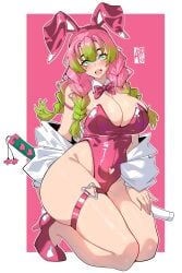 1girls :d absurdres alternate_costume animal_ear_hairband animal_ears aryi077 big_breasts border bow bowtie braid breasts cleavage commentary covered_navel fake_animal_ears fake_tail female full_body gradient_hair green_eyes green_hair hairband high_heels highres jacket jacket_partially_removed kanroji_mitsuri kimetsu_no_yaiba kneeling large_breasts leotard long_hair looking_at_viewer mole mole_under_eye multicolored_hair off_shoulder open_mouth pink_background pink_bow pink_bowtie pink_hair pink_leotard pink_shoes playboy_bunny rabbit_ear_hairband rabbit_ears rabbit_tail shoes simple_background smile solo strapless strapless_leotard tail thighs two-tone_hair white_border white_jacket