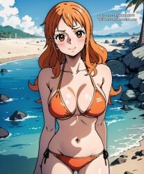 1girls ai_generated beach beach_background big_breasts bikini curvy curvy_body curvy_female female female_only karmino large_breasts long_hair looking_at_viewer nami nami_(one_piece) one_piece orange_bikini orange_bra orange_eyes orange_hair orange_panties patreon_url post-timeskip solo twitter_link twitter_url two_piece_swimsuit