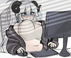 ai_art ai_assisted ai_generated blue_eyes dragon_girl dragon_horns dragon_tail elf_ears mialygosa sexy vtuber white_hair white_skin