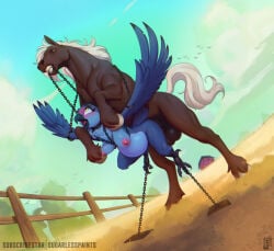 1boy 1girls anthro anthro_penetrated avian bdsm belly_riding bestiality bird blue_body blush bondage bound brown_body detailed_background duo equid equine feathered_wings feathers female female_penetrated feral feral_on_anthro feral_penetrating feral_penetrating_anthro hi_res horse inflation male male/female male_penetrating male_penetrating_female mammal nude outside penetration penile penile_penetration sex sugarlesspaints undercarriage wings