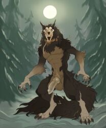 absurd_res anthro black_body black_fur collar dewclaw fluffy fluffy_tail forest fur genitals hi_res knot knotted_penis looking_at_viewer male mane masculine muscular muscular_anthro muscular_male nebelviper outside penis plant shallow_(theshallow) skulldog_(species) solo tail translucent translucent_penis tree wheat