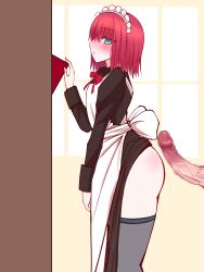 absurdres apron black_dress blush book bookshelf breasts censored clothes_lift commentary_request dress erection female green_eyes grey_thighhighs highres hisui_(tsukihime) long_sleeves maid_headdress mcpc_zamurai neck_ribbon penis red_hair ribbon short_hair small_breasts thighhighs thighs tsukihime tsukihime_(remake) white_apron