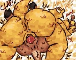 alphys anthro antlers anus areola bodily_fluids clap_(sound_effect) deer deltarune dildo double_dildo double_dildo_in_pussy english_text eyewear female flushed_face glasses hooves horn lying_on_another male male/female mammal moan noelle_holiday open_mouth orange_areola orange_body rear_view scales scalie scaliescum scut_tail sex_toy short_tail size_difference slightly_chubby slightly_chubby_female sweat tail text tongue tongue_out undertale_(series) wearing_glasses yellow_body