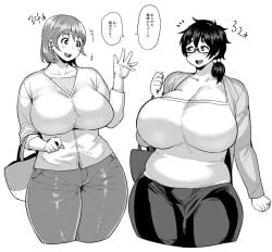 +++ 2girls :d big_body blush breasts cleavage cowboy_shot cropped_legs curvy dekkano!! dot_nose earrings eye_contact fat fat_woman female_focus freckles glasses greyscale hair_bobbles hair_ornament huge_breasts japanese_text jewelry looking_at_another mature_female monochrome multiple_girls open_mouth original plump ponytail ring shiny_skin shirt short_hair simple_background skindentation smile synecdoche tareme taut_clothes taut_shirt thick_thighs thighs waving wedding_band white_background wide_hips