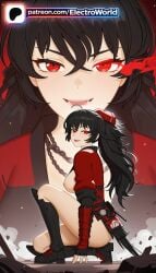 1girls 2026 ai_generated artist_name black_hair chains electroworld female gloves hi_res high_quality high_resolution highres patreon patreon_username raven_branwen red_eyes rwby solo stable_diffusion watermark