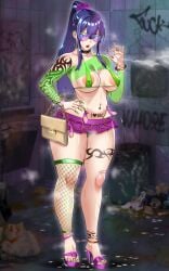 anklet aomiya_mizuha_(juukon_sentai_juusoldier) areola_slip bag belt bikini blood_rouge blue_eyes blue_hair bodycon bracelet breasts choker cigarette condom condom_belt covered_erect_nipples curvy earrings facing_viewer female female_pubic_hair fingernails fishnet_thighhighs fishnet_top fishnets full_body glasses green_bikini green_nails hand_on_own_hip handbag high_heels highres hoop_earrings jewelry juukon_sentai_juusoldier_(takeda_hiromitsu) large_areolae large_breasts leg_tattoo lipstick long_fingernails looking_at_viewer makeup micro_bikini microskirt midriff miniskirt nail_polish narrow_waist navel navel_piercing o-ring o-ring_belt original piercing plaster platform_footwear platform_heels ponytail prostitution pubic_hair purple-tinted_eyewear purple_footwear skirt smoking solo standing stomach_tattoo sunglasses sweat swimsuit takeda_hiromitsu tattoo thick_thighs thighhighs thighs thong tinted_eyewear toeless_footwear toenail_polish toenails toes underboob wide_hips