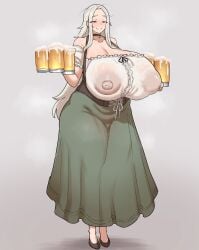 1girl alcohol beer beer_mug black_choker black_corset black_shoes blouse blush breasts choker corinna21210534 corset covered_erect_nipples cross-laced_clothes cross-laced_corset cup drinking_glass earrings gigantic_breasts green_skirt grey_background high_heels holding holding_cup jewelry large_areolae long_hair long_skirt mature_female mug nipples off-shoulder_shirt off_shoulder original pendant_choker plump red_eyes see-through_clothes see-through_shirt shirt shoes skirt smile solo standing waitress white_hair white_shirt