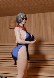 2girls 3d ass bedroom black_hair bob_cut capcom carla_radames dress eteeming female_only glasses lights resident_evil resident_evil_6 sauna sexy_pose solo thicc