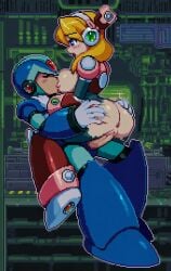 aeshi-xerk ai_generated alia almost_naked almost_nude black_bodysuit blonde_hair blue_eyes blush bodysuit closed_eyes cowgirl_position grabbing_ass green_eyes long_hair mega_man mega_man_x open_mouth pixel_art robot_girl sex sucking sucking_breasts white_gloves x_(mega_man)