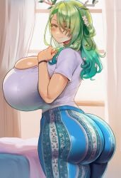 ai_generated ceres_fauna flare_pants flashing_breasts forbidden_pants huge_breasts skindentation squished_breasts tight_clothing