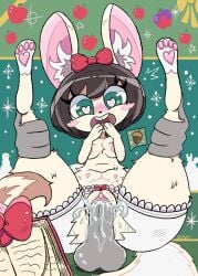 anthro bloomers blush bodily_fluids book bottomwear breasts clothing cum cum_inside disembodied_hand disembodied_penis duel_monster duo female fluffy fluffy_tail full_nelson fur genital_fluids genitals heart_eyes heart_symbol hi_res kotspit male male/female mammal pawpads penis ribbons rodent sciurid tail tree_squirrel vulva yu-gi-oh!