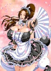 apron bare_shoulders big_body breasts brown_eyes brown_hair cleavage covered_erect_nipples dead_or_alive dead_or_alive_5 fant fatal_fury female female_focus hair_ornament huge_breasts long_hair looking_at_viewer mai_shiranui maid maid_headdress mifune_seijirou one_eye_closed open_mouth petals ponytail skirt snk solo standing tagme the_king_of_fighters thighs waist_apron wink