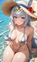 ai_generated beach luscious_lips medium_breasts oguri_cap_(umamusume) sitting slingshot_swimsuit smiling straw_hat thick_thighs umamusume wide_hips