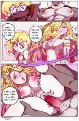 absurd_res ahe_gao angel anthro bearandgold blonde_hair breasts canid canine canis clothing comic dialogue dominant duo felid feline female genitals hair hi_res human humanoid humor long_hair looking_pleasured magic male male/female mammal meme muscular nipples nude panties penis plap press sex silly text tokkot transformation underwear vulva wide_hips wings wolf