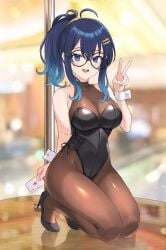1girls blue_eyes blue_hair breasts glasses leotard original original_character pantyhose playing_card ponytail solo_female stripper_pole umirunie v wrist_cuffs