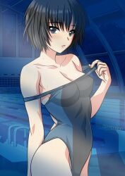 1girls amagami bare_shoulders black_eyes black_hair blush breasts cleavage clothes_pull covered_nipples erect_nipples hard_nipples looking_at_viewer nanasaki_ai night nipples_covered one-piece_swimsuit pool short_hair swimsuit swimsuit_pull undressing water_drop wet yuuyuu_(3jjbn)