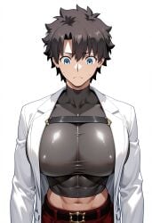 1boy ai_generated apron artist_request black_hair blue_eyes fate_(series) fujimaru_ritsuka_(male) labcoat light_skin male_only simple_background skin_tight skin_tight_outfit sole_male solo type-moon white_background