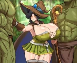 1girls 2boys abs animated areola_slip areolae black_hair bouncing_breasts branch breast_expansion breasts cleavage clothed clothed_female clothing double_bun earrings elf elf_female failure fantasy female forest gigantic_breasts green-skinned_male green_skin hat head_out_of_frame health_bar height_difference hips huge_breasts jiggle light-skinned_female light_skin loincloth loincloth_only male male/female miruyuyo muscular muscular_male naked naked_female nude nude_female orange_eyes orc orc_male original_character outdoors pointy_ears rain_(miruyuyo) short_hair solo_focus staff standing tagme thick_thighs thighs video wide_hips witch_hat