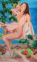 alexey_linkov breasts breasts_out brunette brunette_hair couple eros eros_(greek_mythology) grapes greek_mythology half-dressed half_naked licking licking_face married_couple natural_breasts nature nature_background psyche psyche_(greek_mythology) pubic_hair sea