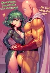 1boy 1girls abs ai_generated bald bald_male big_bulge blush bulge clothed clothing color english_text female gigiti green_eyes green_hair hi_res light-skinned_female light_skin looking_at_another male male/female muscles muscular muscular_arms muscular_male one-punch_man pants_bulge saitama short_hair small_breasts tatsumaki text thick_thighs trogiai