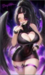 ai_generated black_dress black_hair black_lipstick black_nails black_wings bodycon curves dark_wings darkness destiny_(game) destiny_2 dommy_mommy fanart goth_girl gothic green_eyes legs_crossed long_hair minidress miniskirt mommy outfit_swap parted_bangs purple_background purple_eye purple_hair queen rinnegan sexy sexy_body sexy_pose succubus suggestive_pose thigh_strap tight_clothes zavalr zavalr-alter