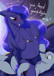 absurd_res alicorn blue_body blue_eyes blue_hair blush clothed clothed_feral clothing cutie_mark dialogue duo equid equine erection female female_on_top feral feral_on_feral friendship_is_magic green_eyes grin hair hasbro hi_res hooves horn long_hair looking_down lying male male_on_bottom mammal my_little_pony mythological_creature mythological_equine mythology navel neoshrek night on_back on_bottom on_top one_eye_closed princess_luna_(mlp) quadruped smile soarin_(mlp) talking_feral teats teeth tenting text wings wonderbolts_(mlp)