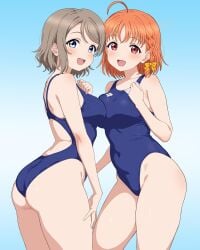 2d 2d_(artwork) 2d_artwork 2girls ahoge ass ass_cleavage ass_crack back bewitching_thighs big_breasts bikini blue-eyed_female blue_background blue_bikini blue_eyes blue_one-piece_swimsuit blue_swimsuit blue_swimwear blush blush_face blushing_female breast_press breast_press_on_chest breast_squeeze breasts breasts_press breasts_pressed_against_another breasts_pressed_against_partner breasts_pressed_together brown-haired_female brown_hair busty busty_female busty_girl busty_teen captivating collarbone digital digital_art digital_drawing digital_drawing_(artwork) digital_media digital_media_(artwork) drawing elbows eyebrows_visible_through_hair female female_focus female_only fingernails fingers ginger ginger_hair groin hair_ribbon hair_tie hand_on_chest hand_on_leg hand_on_own_chest hand_on_own_leg hand_on_own_thigh hand_on_thigh head_tilt high_resolution highres hourglass_figure inguinal_crease inguinal_ligament large_boobs large_breasts lean_figure looking_at_viewer looking_sideways looking_to_the_side love_live! love_live!_sunshine!! median_furrow multiple_females multiple_girls narrow_waist one-piece_swimsuit open_mouth open_mouth_smile orange-haired_female orange_hair orange_hair_female parted_lips posing posing_for_the_viewer pressing_breast_on_partner pressing_breasts pressing_breasts_together pushing_breasts_together pushing_breasts_up red-eyed_female red_eyes ribbon school_swimsuit short_hair shoulders simple_background slender_body slender_waist slim_female slim_waist smile smiley_face smiling smiling_at_viewer squeezing_breast squeezing_breasts squeezing_breasts_together standing sukumizu swimsuit swimwear takami_chika thick_ass thick_butt thick_thighs thighs tilted_head to_bari tongue upper_body upper_teeth watanabe_you wide_hips yellow_hair_ribbon yellow_hair_tie yellow_ribbon